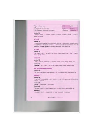 Tu es vraiment sans pitie pities
N'accuse pas ton frere sans preuve preuves
Ces chaussures peuvent se porter sans chaussette chaussettes
Exercice 172
2. regret ou regrets - 5. manches - 6. enfant ou enfants - 7. effort ou efforts - 9. faute ou
fautes -10. lunettes
si I et s'il
Exercice 173
1. je ne sais pas s'il on si I'on viendra a la fete de Geoffroy. -4. Le professeur nous a demande
s'il on si Ion pouvait apporter notre livre. - 5. Ils n'accepteront pas le projet meme s'il on si
I'on insiste. - 6. S'il on Si I'on tient compte de sa decision, on va vers I echec.
soi et soit
Exercice 174
1. soi - 2. soi - 3. soit - 4. soit, soit - 5. soi - 6. soit - 7. soit - 8. soit - 9. soi -10. soi -11. soit -
12. soi-13. soit-14. soi
son et sont
Exercice 175
1. sont - 2. sont, son - 3. son, sont - 4. sont, sont - 5. sont - 6. son - 7. sont - 8. sont, son
Exercice 176
A entourer: 1. son - 2. sont - 3. son - 4. Son - 5. son - 6. sont - 7. sont - 8. son - 9. sont
sous, sur, au-dessous, au-dessus
Exercice 177
1. sur, sous - 2. au-dessus - 3. au-dessous - 4. sur - 5. au-dessus, sous - 6. au-dessus de
Subjonctif
Exercice 178
1. il soit invite - 2. vous faites - 3. votre frere va - 4. il soit - 5. tu apprennes - 6. vos enfants
sachent - 7. il finisse
Exercice 179
A barrer: 1. il me semble -2. vous doutez
Exercice 180
1. ton pere t'a donne - 2. il soit - 3. je suis rentre - 4. il sera sorti - 5. la reunion ait lieu
Exercice 181
1. vos parents soient - 2. vous sachiez - 3. il fasse -4. elle aille - 5. vous ayez
138 C O R R I G E S D E S E X E R C I C E S
 