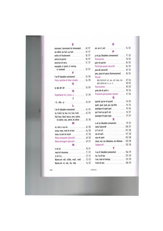 Е
eminent, imminent et immanent 48,127
en effet, en fait, au fait 49,127
enfin et finalement 50,127
entre et parmi 50,127
environ et vers 51,127
excepte, ci-joint, ci-inclus,
ci-annexe 52,127
F
fet ff (double consonne) 53,128
Futur proche et futur simple 54,128
G
g.gg.ge.gu 55,128
H
Hypothese (si j'avaisj 57,128
I
-il,-ille, -y- 59,129
L
I et 11 (double consonne) 61,129
la, l'a(s). la. les, lai, les, lest 62,129
(le) leur, (les) leurs, nos, notre,
le notre, vos, votre, le votre 63,130
M
m, mm, n ou nn 65,130
mais, mes, met et m'est 66,130
mon, m'ont et mont 67,130
Mots composes (pluriel) 68,130
Mots etrangers (pluriel) 69,131
N
n et nn 70,131
neuf et nouveau 71,131
ni et n'y 72,131
Noms en -eil, -eille, -euil, -ueil 73,132
Noms en -ё, -ее, -te, -tee 74,132
О
on, on n', ont 76,132
P
p et pp (doubles consonnes) 77,133
Paronymes 78,133
part et partie 83,133
Participe passe (accord) 84,133
pas de (accord) 85,134
peu, peut et peux (homonymes) 86,134
Pluriel
des mots en -al, -au, -ail, -eau, -eu 87,134
des noms en -s, -x, -i 88,135
Ponctuation 89,135
pres de et pret a 90,136
Pronoms personnels (place) 91,136
Q
quand, qu'en et quant 94,136
quel, quoi, que, qu', quelle 94,136
quelque et quel que 95,136
qu'il est ou qu'il ait 96,137
quoique et quoi que 97,137
S
s et ss (double consonne) 99,137
sans (accord) 100,137
si l et s'il 101,138
soi et soit 101,138
sonet sont 102,138
sous, sur, au-dessous, au-dessus.... 103,138
Subjonctif 103,138
T
t o u t t (double consonne) 106,139
ta, t'a ettas 107,139
ten, tant et temps 107,139
t'ont et ton 108,139
142 I N D E X
 