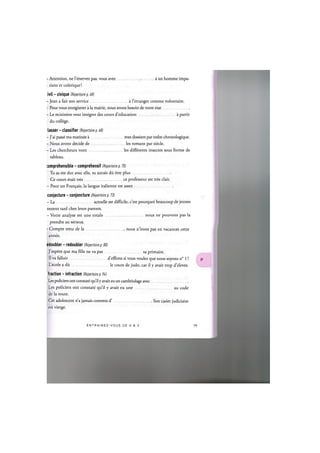 - Attention, ne l'enervez pas, vous avez a un homme impa-
tient et colerique!
:ivil - civique (Repertoire p. 68)
- Jean a fait son service a l'etranger comme volontaire.
- Pour vous enregistrer a la mairie, nous avons besoin de votre etat
- Le ministere veut integrer des cours d'education a partir
du college.
:lasser - classifier (Repertoire p. 68)
- J'ai passe ma matinee a mes dossiers par ordre chronologique.
- Nous avons decide de les romans par siecle.
- Les chercheurs vont les differents insectes sous forme de
tableau.
:omprehensible - comprehensif (Repertoire p. 70)
- Tu as ete dur avec elle, tu aurais du etre plus
- Ce cours etait tres ce professeur est tres clair.
- Pour un Fran^ais, la langue italienne est assez
conjecture - conjoncture (Repertoire p. 73)
- L a actuelle est difficile, c'est pourquoi beaucoup de jeunes
restent tard chez leurs parents.
- Votre analyse est une totale nous ne pouvons pas la
prendre au serieux.
- Compte tenu de la , nous n'irons pas en vacances cette
annee.
edoubler - redoubler (Repertoire p. 80)
- J'espere que ma fille ne va pas sa primaire.
- Il va falloir d'efforts si vous voulez que nous soyons n° 1!
- L'ecole a du le cours de judo, car il у avait trop d'eleves.
ffraction - infraction (Repertoire p. 94)
• Les policiers ont constate qu'il у avait eu un cambriolage avec
• Les policiers ont constate qu'il у avait eu une au code
de la route.
• Cet adolescent n'a jamais commis d' Son easier judiciaire
est vierge.
E N T R A I N E Z - V O U S DE A A Z 80
 