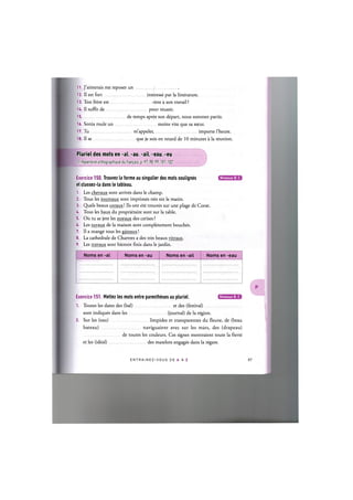 11. J'aimerais me reposer un
12. II est fort interesse par la litterature.
13. Ton frere est -etre a son travail ?
14. II suffit de pour reussir.
15 de temps apres son depart, nous sommes partis.
16. Sonia roule un moins vite que sa soeur.
17. Tu m'appeler, importe l'heure.
18. II se que je sois en retard de 10 minutes a la reunion.
Pluriel des mots en -al, -au, -ail, -eau, -eu
Cf. Repertoire orthographique du franpais, p. 97,98, 99,101, 102
Exercice 150. Trouvez la forme au singulier des mots soulignes
et classez-la dans le tableau.
1. Les chevaux sont arrives dans le champ.
2. Tous les journaux sont imprimes tres tot le matin.
3. Quels beaux coraux! Ils ont ete trouves sur une plage de Corse.
4. Tous les baux du proprietaire sont sur la table.
5. Ou tu as jete les noyaux des cerises ?
6. Les tuyaux de la maison sont completement bouches.
7. II a mange tous les gateaux!
8. La cathedrale de Chartres a des tres beaux vitraux.
9. Les travaux sont bientot finis dans le jardin.
Niveaux В, С
Noms en -al Noms en -au Noms en -ail Noms en -eau
Niveaux В, С
Exercice 151. Mettez les mots entre parentheses au pluriel.
1. Toutes les dates des (bal) et des (festival)
sont indiques dans les (journal) de la region.
2. Sur les (eau) limpides et transparentes du fleuve, de (beau
bateau) naviguaient avec sur les mats, des (drapeau)
de toutes les couleurs. Ces signes montraient toute la fierte
et les (ideal) des matelots engages dans la regate.
E N T R A I N E Z - V O U S DE A A Z 88
 