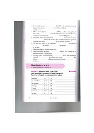 3. II est entre les (cheveu) ebouriffes, il m'a confie ses secrets, m'a
fait part de ses (aveu) et il m'a fait ses (adieu)
definitivement.
U. Montre-moi tes (bijou) Oh la la... celui-ci est magnifique!
Ces (caillou) valent des milliers d'euros. Ce sont des diamants
du Congo ? Et ces (eventail) viennent d'Espagne ?
5. Ce pauvre enfant avait les (genou) ecorches et des (pou)
plein la tete. Il vivait dans une famille misereuse qui avait
connu les pires (fleau) de ces dernieres decennies.
6. Au zoo, nous avons vu des (chameau) , des (cheval)
, des (agneau) , des (hibou)
et des lions.
7. Mon fds dessine tres bien les (chateau fort)
8. Tu devrais planter des (clou) dans ce mur. Comme 9a, tu
pourrais у attacher les deux (tuyau)
9. Les meres avaient rempli les (landau) de leur bebe de plusieurs
(animal) en peluche: des (ours) , des
(hibou) et d'autres mammiferes et (oiseau)
des forets.
Pluriel des noms en -s, -x, -z
Cf. Repertoire orthographique du franpais, p. 100
Exercice 152. Completez le tableau. Cochez la case V IJIMAHMilii
quand le mot est ecrit correctement et F quand il est mal ecrit.
Puis ecrivez I'orthographe correcte dans la colonne de droite.
une brebi • V • F
un cours d'eau • V • F
un parcours • V • F
le temps • V • F
l'argent • V • F
une souri • V • F
un hero • V • F
88 E X E R C I C E S
 