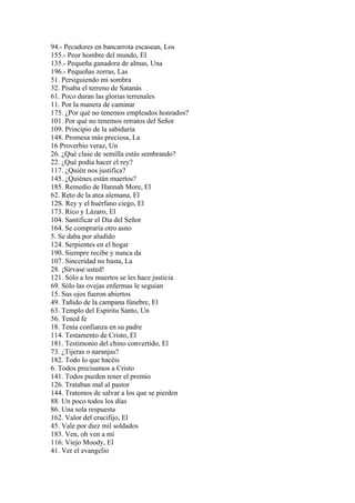 94.- Pecadores en bancarrota escasean, Los
155.- Peor hombre del mundo, El
135.- Pequeña ganadora de almas, Una
196.- Pequeñas zorras, Las
51. Persiguiendo mi sombra
32. Pisaba el terreno de Satanás
61. Poco duran las glorias terrenales
11. Por la manera de caminar
175. ¿Por qué no tenemos empleados honrados?
101. Por qué no tenemos retratos del Señor
109. Principio de la sabiduría
148. Promesa más preciosa, La
16 Proverbio veraz, Un
26. ¿Qué clase de semilla estás sembrando?
22. ¿Qué podía hacer el rey?
117. ¿Quién nos justifica?
145. ¿Quiénes están muertos?
185. Remedio de Hannah More, El
62. Reto de la atea alemana, El
12S. Rey y el huérfano ciego, El
173. Rico y Lázaro, El
104. Santificar el Día del Señor
164. Se compraría otro asno
5. Se daba por aludido
124. Serpientes en el hogar
190. Siempre recibe y nunca da
107. Sinceridad no basta, La
28. ¡Sírvase usted!
121. Sólo a los muertos se les hace justicia
69. Sólo las ovejas enfermas le seguían
15. Sus ojos fueron abiertos
49. Tañido de la campana fúnebre, El
63. Templo del Espíritu Santo, Un
56. Tened fe
18. Tenía confianza en su padre
114. Testamento de Cristo, El
181. Testimonio del chino convertido, El
73. ¿Tijeras o naranjas?
182. Todo lo que hacéis
6. Todos precisamos a Cristo
141. Todos pueden tener el premio
126. Trataban mal al pastor
144. Tratemos de salvar a los que se pierden
88. Un poco todos los días
86. Una sola respuesta
162. Valor del crucifijo, El
45. Vale por diez mil soldados
183. Ven, oh ven a mí
116. Viejo Moody, El
41. Ver el evangelio
 
