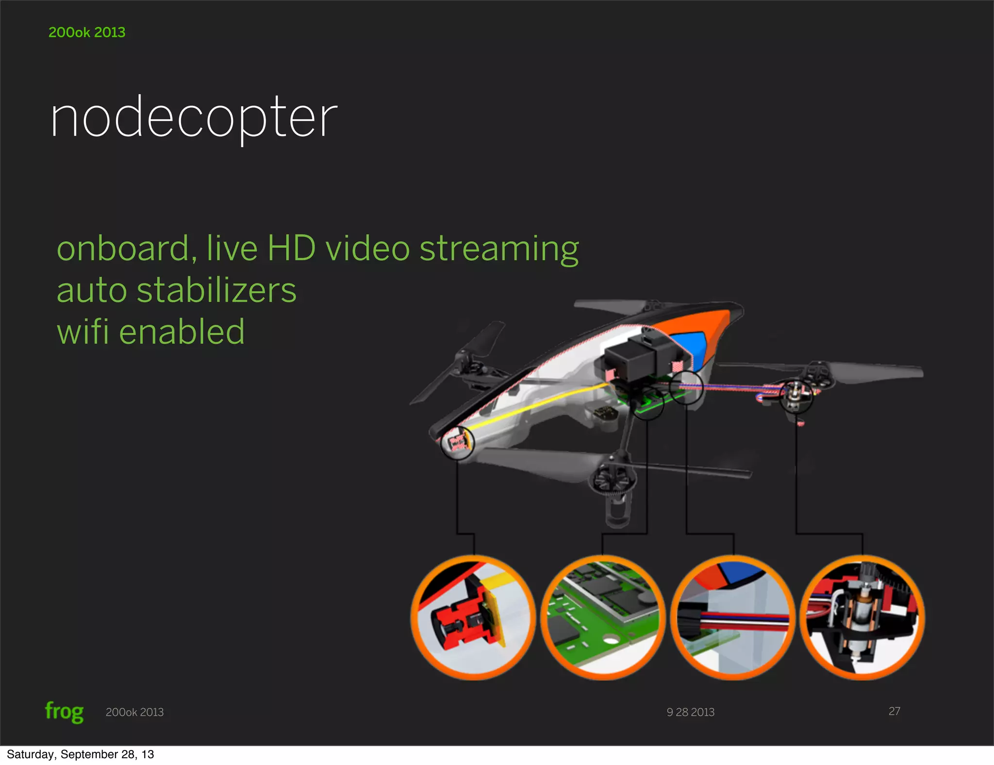 9 28 2013200ok 2013 200ok 2013 onboard, live HD video streaming auto stabilizers wiﬁ enabled nodecopter 27 Saturday, September 28, 13 