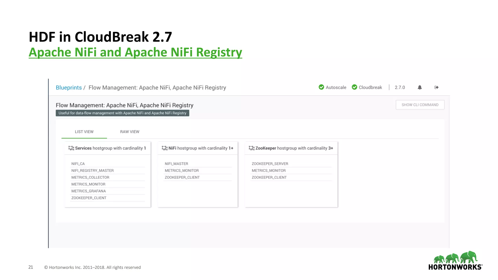 21 © Hortonworks Inc. 2011–2018. All rights reserved
HDF in CloudBreak 2.7
Apache NiFi and Apache NiFi Registry
 