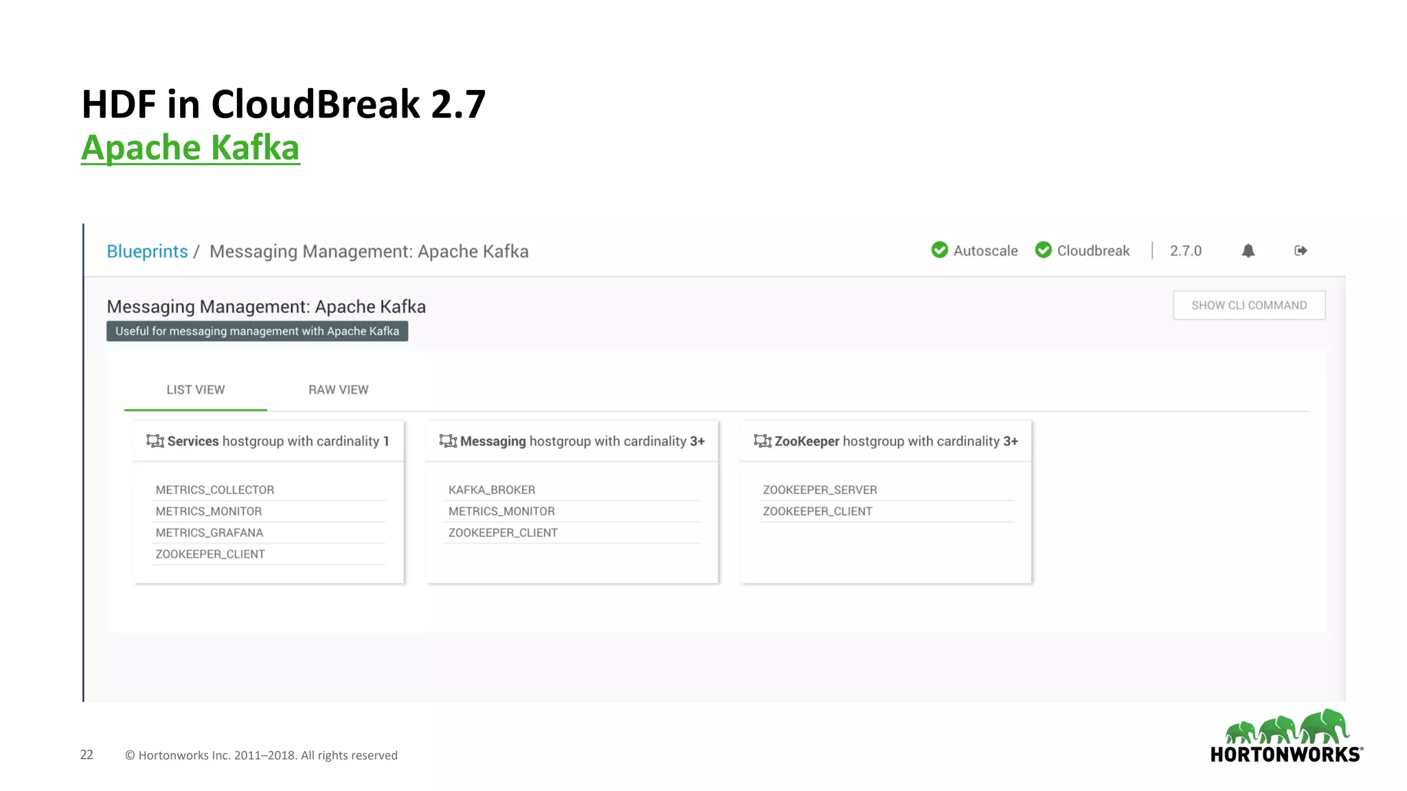 22 © Hortonworks Inc. 2011–2018. All rights reserved
HDF in CloudBreak 2.7
Apache Kafka
 