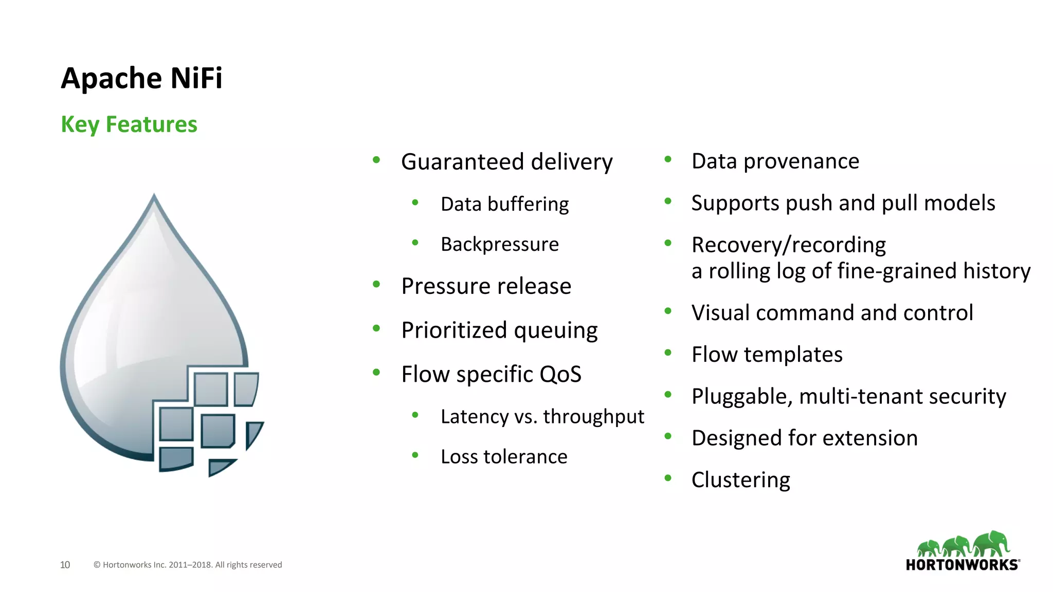 © Hortonworks Inc. 2011–2018. All rights reserved10
• Guaranteed delivery
• Data buffering
• Backpressure
• Pressure release
• Prioritized queuing
• Flow specific QoS
• Latency vs. throughput
• Loss tolerance
Key Features
Apache NiFi
• Data provenance
• Supports push and pull models
• Recovery/recording
a rolling log of fine-grained history
• Visual command and control
• Flow templates
• Pluggable, multi-tenant security
• Designed for extension
• Clustering
 