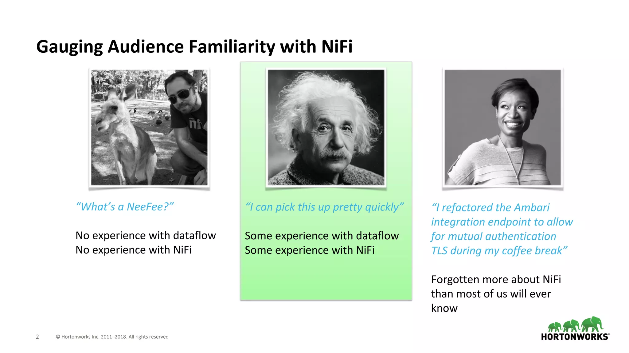 © Hortonworks Inc. 2011–2018. All rights reserved2
Gauging Audience Familiarity with NiFi
“What’s a NeeFee?”
No experience with dataflow
No experience with NiFi
“I can pick this up pretty quickly”
Some experience with dataflow
Some experience with NiFi
“I refactored the Ambari
integration endpoint to allow
for mutual authentication
TLS during my coffee break”
Forgotten more about NiFi
than most of us will ever
know
 