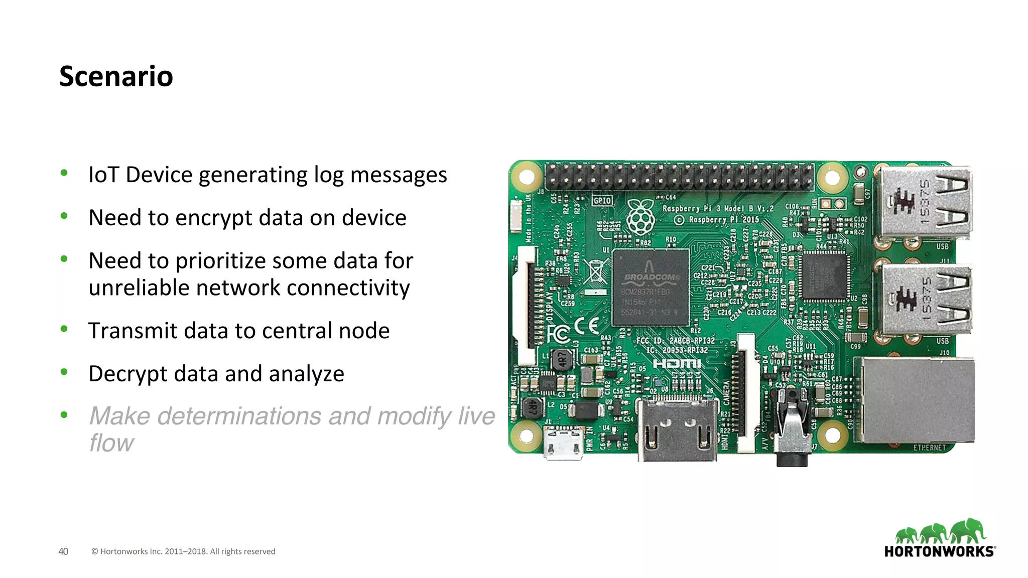 © Hortonworks Inc. 2011–2018. All rights reserved40
• IoT Device generating log messages
• Need to encrypt data on device
• Need to prioritize some data for
unreliable network connectivity
• Transmit data to central node
• Decrypt data and analyze
• Make determinations and modify live
flow
Scenario
 