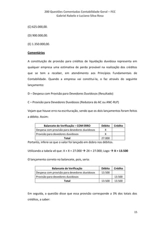 200 Questões Comentadas Contabilidade Geral – FCC
Gabriel Rabelo e Luciano Silva Rosa
15
(C) 625.000,00.
(D) 900.000,00.
(E) 1.350.000,00.
Comentários
A constituição de provisão para créditos de liquidação duvidosa representa em
qualquer empresa uma estimativa de perda provável na realização dos créditos
que se tem a receber, em atendimento aos Princípios Fundamentais de
Contabilidade. Quando a empresa vai constituí-la, o faz através do seguinte
lançamento:
D – Despesa com Provisão para Devedores Duvidosos (Resultado)
C – Provisão para Devedores Duvidosos (Redutora do AC ou ANC-RLP)
Vejam que houve erro na escrituração, sendo que os dois lançamentos foram feitos
a débito. Assim:
Balancete de Verificação – COM ERRO Débito Crédito
Despesa com provisão para devedores duvidosos X
Provisão para devedores duvidosos X
Total 27.000
Portanto, infere-se que o valor foi lançado em dobro nos débitos.
Utilizando a tabela vê que: X + X = 27.000  2X = 27.000; Logo  X = 13.500
O lançamento correto no balancete, pois, seria:
Balancete de Verificação Débito Crédito
Despesa com provisão para devedores duvidosos 13.500
Provisão para devedores duvidosos 13.500
Total 13.500 13.500
Em seguida, a questão disse que essa provisão corresponde a 3% dos totais dos
créditos, a saber:
 