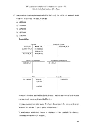 200 Questões Comentadas Contabilidade Geral – FCC
Gabriel Rabelo e Luciano Silva Rosa
63
50. (FCC/Analista Judiciário/Contabilidade /TRE AL/2010) Em 2008, os valores totais
recebidos de clientes, em reais, foram de
(A) 1.706.000
(B) 1.711.000
(C) 1.746.000
(D) 1.750.000
(E) 1.780.000
Comentários
Clientes Receita de Vendas
50.000,00 Receb. Clie. 2.700.000,00 (1)
(1)2.700.000,00 35.000,00 (2)
5.000,00 (3)
1.000.000,00 4.000,00 (4)
Devolução de Vendas Abatimento sobre vendas
(2) 35.000,00 (3) 5.000,00
PDD Reversão
(4) 5.000,00 5.000,00 1.000,00 (4)
51.000,00
51.000,00
Vamos lá. Primeiro, devemos supor que toda a Receita de Vendas foi efetuada
a prazo, tendo como contrapartida Clientes.
Em seguida, devemos saber que a devolução de vendas reduz o montante a ser
recebido de clientes. O que originou o lançamento 2.
O abatimento igualmente reduz o montante a ser recebido de clientes,
causando uma diminuição na conta.
 