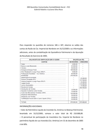 200 Questões Comentadas Contabilidade Geral – FCC
Gabriel Rabelo e Luciano Silva Rosa
98
Para responder às questões de números 186 e 187, observe os saldos das
contas do Razão da Cia. Imperial do Nordeste em 31/12/2005 e as informações
adicionais, antes da contabilização da Equivalência Patrimonial e da Apuração
do Resultado do Exercício de 2005.
INFORMAÇÕES ADICIONAIS:
– Valor do Patrimônio Líquido da investida Cia. América no Balanço Patrimonial,
levantado em 31/12/2005, somava o valor total de R$ 210.000,00.
– O percentual de participação da Investidora Cia. Imperial do Nordeste no
patrimônio líquido de sua investida (Cia. América) em 31 de dezembro de 2005
é de 60%.
 