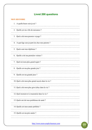 http://www.mon-couple-heureux.com
15
Livret 200 questions
MON HISTOIRE
1. A quelle heure suis-je né ?
…………………………………………………………………………………………………
…………………………………………………………………………………………………
2. Quelle est ma ville de naissance ?
…………………………………………………………………………………………………
…………………………………………………………………………………………………
3. Quel a été mon premier voyage ?
…………………………………………………………………………………………………
…………………………………………………………………………………………………
4. A quel âge suis-je parti de chez mes parents ?
…………………………………………………………………………………………………
…………………………………………………………………………………………………
5. Quels sont mes diplômes ?
…………………………………………………………………………………………………
…………………………………………………………………………………………………
6. Quelle a été ma première voiture ?
…………………………………………………………………………………………………
…………………………………………………………………………………………………
7. Quel est mon plus grand regret ?
…………………………………………………………………………………………………
…………………………………………………………………………………………………
8. Quelle est ma plus grande joie ?
…………………………………………………………………………………………………
…………………………………………………………………………………………………
9. Quelle est ma grande peur ?
…………………………………………………………………………………………………
…………………………………………………………………………………………………
10. Quel a été mon plus grand succès dans la vie ?
…………………………………………………………………………………………………
…………………………………………………………………………………………………
11. Quel a été mon plus gros échec dans la vie ?
…………………………………………………………………………………………………
…………………………………………………………………………………………………
12. Quel moment m’a traumatisé dans la vie ?
…………………………………………………………………………………………………
…………………………………………………………………………………………………
13. Quels ont été mes problèmes de santé ?
…………………………………………………………………………………………………
…………………………………………………………………………………………………
14. Quelle est mon année préférée ?
…………………………………………………………………………………………………
…………………………………………………………………………………………………
15. Quelle est ma pire année ?
…………………………………………………………………………………………………
…………………………………………………………………………………………………
 