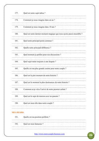 http://www.mon-couple-heureux.com
26
177. Quel est notre sujet tabou ?
…………………………………………………………………………………………………
…………………………………………………………………………………………………
178. Comment je nous imagine dans un an ?
…………………………………………………………………………………………………
…………………………………………………………………………………………………
179. Comment je nous imagine dans 10 ans ?
…………………………………………………………………………………………………
…………………………………………………………………………………………………
180. Quel est notre dernier moment magique que nous ayons passé ensemble ?
…………………………………………………………………………………………………
…………………………………………………………………………………………………
181. Quel notre principal point commun ?
…………………………………………………………………………………………………
…………………………………………………………………………………………………
182. Quelle notre principal différence ?
…………………………………………………………………………………………………
…………………………………………………………………………………………………
183. Quel moment je préfère pour nos discussions ?
…………………………………………………………………………………………………
…………………………………………………………………………………………………
184. Quel sujet mène toujours à une dispute ?
…………………………………………………………………………………………………
…………………………………………………………………………………………………
185. Quelle est ma plus grande crainte pour notre couple ?
…………………………………………………………………………………………………
…………………………………………………………………………………………………
186. Quel est le pire moment de notre histoire ?
…………………………………………………………………………………………………
…………………………………………………………………………………………………
187. Quel est le moment le plus douloureux de notre histoire ?
…………………………………………………………………………………………………
…………………………………………………………………………………………………
188. Comment ai-je vécu l’arrivé de notre premier enfant ?
…………………………………………………………………………………………………
…………………………………………………………………………………………………
189. Quel est le sujet de tension avec tes parents ?
…………………………………………………………………………………………………
…………………………………………………………………………………………………
190. Quel est mon rôle dans notre couple ?
…………………………………………………………………………………………………
…………………………………………………………………………………………………
MES DESIRS
191. Quelle est ma position préférée ?
…………………………………………………………………………………………………
…………………………………………………………………………………………………
192. Quel est mon fantasme ?
…………………………………………………………………………………………………
…………………………………………………………………………………………………
 