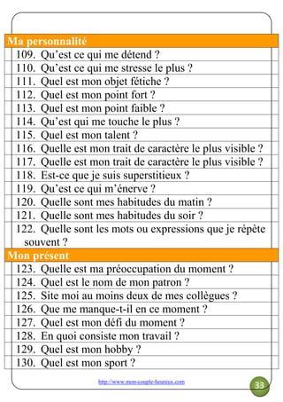 http://www.mon-couple-heureux.com
33
Ma personnalité
109. Qu’est ce qui me détend ?
110. Qu’est ce qui me stresse le plus ?
111. Quel est mon objet fétiche ?
112. Quel est mon point fort ?
113. Quel est mon point faible ?
114. Qu’est qui me touche le plus ?
115. Quel est mon talent ?
116. Quelle est mon trait de caractère le plus visible ?
117. Quelle est mon trait de caractère le plus visible ?
118. Est-ce que je suis superstitieux ?
119. Qu’est ce qui m’énerve ?
120. Quelle sont mes habitudes du matin ?
121. Quelle sont mes habitudes du soir ?
122. Quelle sont les mots ou expressions que je répète
souvent ?
Mon présent
123. Quelle est ma préoccupation du moment ?
124. Quel est le nom de mon patron ?
125. Site moi au moins deux de mes collègues ?
126. Que me manque-t-il en ce moment ?
127. Quel est mon défi du moment ?
128. En quoi consiste mon travail ?
129. Quel est mon hobby ?
130. Quel est mon sport ?
 