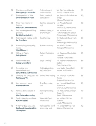 79 Check your soil health
Biocrops Agro Industries
Soil testing and
crop-advisory
Mr. Raju Maruti Lambe
Kolhapur, Maharashtra
79
80 Profits per liter of milk
Shrikrishna Dairy Farm
Dairy farming &
consultancy
Mr. Ravindra Purushottam
Bhoge
Jalgaon, Maharashtra
80
81 Triple your income by
Cashew
Nerurkar Cashew Industry
Cashew processing
unit
Ms. Amruta Rajaram
Nerurkar
Sindhudurg, Maharashtra
81
82 Tiny nutrient personifying
greenery
Sarabiojivan Industry
Manufacturing of
Bio-fertilizers
Mr. Inamdar Shaikh
Mohammad Salim Sardar
Ahmednagar, Maharashtra
82
83 Rearing goats making profit
Sai Goat Farm
Goat farming Dr. Raghunath Revannath
Pagire
Ahmednagar, Maharashtra
83
84 Plant sapling propagating
money
Maitri Nursery
Forestry Nursery Ms. Mamta Shirake
Ratnagiri, Maharashtra
84
85 Milling of Pulses
Baliraj Dalmil
Pulses Processing
unit
Mr. Dayanand Govindrao
Hampale
Nanded, Maharashtra
85
86 Hens benefits too
Jagtap Layers Farm
Layer farming Mr. Rajendra Ramchandra
Jagtap
Pune, Maharashtra
86
87 Preventing over
fertilization in soil
Sahyadri Bio-analytical lab
Soil & Water test-
ing Laboratory
Mrs. Sarika Daulat Patil
Nashik, Maharashtra
87
88 Doorstep Vet caring your pet
Radha Agro Vet
Animal feed trading Mr. Niranjan Madhukar
Tayade
Amravati, Maharashtra
88
89 Java plum cuts sugar
Mayuresh Foods
Fruit Processing
unit
Mr. Hemant Nandkishor
Walavalkar
Sindhudurg, Maharashtra
89
90 Raisin: A dense source of
energy
Maa Bedana Processing
Raisin processing
unit
Mr. Abdulvahab Jahangir
Devarshi
Sangli, Maharashtra
90
91 Quality lowering seed rate
Kulkarni Seeds
Vegetable Seed
Production
Mr. Mahesh Mohan
Kulkarni
Sangli, Maharashtra
91
92 A story of 600 juicy Arils
Siddhanath Anardana Pro-
cessing Unit
Pomegranate Seed
processing unit
Mr. Swapnil Shivaji Mali
Solapur, Maharashtra
92
I vi I
 