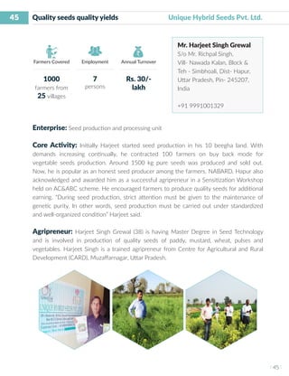 45
I 45 I
Farmers Covered Employment Annual Turnover
Quality seeds quality yields	 	 Unique Hybrid Seeds Pvt. Ltd.
Mr. Harjeet Singh Grewal
S/o Mr. Richpal Singh,
Vill- Nawada Kalan, Block &
Teh - Simbhoali, Dist- Hapur,
Uttar Pradesh, Pin- 245207,
India
+91 9991001329
Enterprise: Seed production and processing unit
Core Activity: Initially Harjeet started seed production in his 10 beegha land. With
demands increasing continually, he contracted 100 farmers on buy back mode for
vegetable seeds production. Around 1500 kg pure seeds was produced and sold out.
Now, he is popular as an honest seed producer among the farmers. NABARD, Hapur also
acknowledged and awarded him as a successful agripreneur in a Sensitization Workshop
held on AC&ABC scheme. He encouraged farmers to produce quality seeds for additional
earning. “During seed production, strict attention must be given to the maintenance of
genetic purity. In other words, seed production must be carried out under standardized
and well-organized condition” Harjeet said.
Agripreneur: Harjeet Singh Grewal (38) is having Master Degree in Seed Technology
and is involved in production of quality seeds of paddy, mustard, wheat, pulses and
vegetables. Harjeet Singh is a trained agripreneur from Centre for Agricultural and Rural
Development (CARD), Muzaffarnagar, Uttar Pradesh.
1000
farmers from
25 villages
7
persons
Rs. 30/-
lakh
 