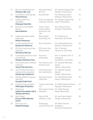 15 Bio-fuel substituting coal
Hindustan Bio-coal
Manufacturing of
Bio-fuel
Mr. Swapnil Satappa Patil
Kolhapur, Maharashtra
15
16 Essential oils revolving folk
Maruti Pharma
Essential Oils Ms. Aishwarya Jadhav
Kolhapur, Maharashtra
16
17 Netting profit from
vegetables
Chatrapati Shed Net
Shed net vegetable
cultivation and sale
Mr. Rajendra Sadam Kale
Jalana, Maharashtra
17
18 Economics of profitable
Banana
Seema Biotech
Tissue culture
banana sapling
production and
sale
Mr. Vishwas Chavan
Kolhapur, Maharashtra
18
19 Augmenting black pepper
production
Mohan Enterprises
Black pepper
processing unit
Mr. Mohanraj. M
Nammakal, Tamil Nadu
19
20 Commercial floriculture
Ravalanath Polyhouse
Rose Cultivation Ms. Sheetal Dilip Gurav
Kolahpur, Maharashtra
20
21 PCR test improving shrimp
hatcheries
NK Marine PCR Lab
PCR Lab to Test
Shrimp Seeds
Mrs. K. Nirmala
Villupuram, Tamil Nadu
21
22 Landscaping enhances sense
of well-being
Meadow Gardeners Farm
Nursery &
landscaping
Mrs. K. Kaladevi & Mr. S.
Venugopal
Coimbatore, Tamil Nadu
22
23 Pisciculture bred in artificial
enclosure
Jaware Fish Seed farm
Fish hatchery and
training center
Mr. Shyamal Mahendra
Jaware
Jalgaon, Maharashtra
23
24 User-friendly machineries
automate farm operation
Kakade Agro Equipment
Manufacturing of
farm machineries
Mr. Subhash Narayan
Kakade
Solapur, Maharashtra
24
25 Feeding additives improves
milk yield
Ganapati Cattel Feed
Manufacturing of
cattle feed
Mr. Manoj Bharat Gore
Solapur, Maharashtra
25
26 Cashew brings prosperity
Milind Agro Production
Cashew processing
unit
Mr. Milind Sakharam Pawar
Ratnagiri, Maharashtra
26
27 Testing soil
Lakhmai Foundation Soil &
Testing Laboratory
Soil & water testing
laboratory
Mr. Nikhil Chaware
Akola, Maharashtra
27
28 Milk Trading
Fortune Milk Collection
Center
Dairy & Milk
collection center
Mr. Jakir Karim Mulani
Solapur, Maharashtra
28
29 Pack and Carry
Reegal Packaging
Packing bag
manufacturing unit
Mr. Rohan Shankar
Awaghane
Amravati, Maharashtra
29
I ii I
 