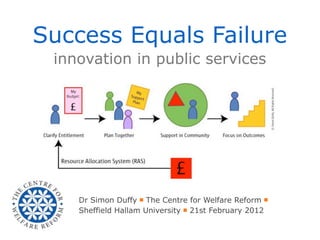 Success Equals Failure
 innovation in public services




    Dr Simon Duffy ￭ The Centre for Welfare Reform ￭
    Sheffield Hallam University ￭ 21st February 2012
 