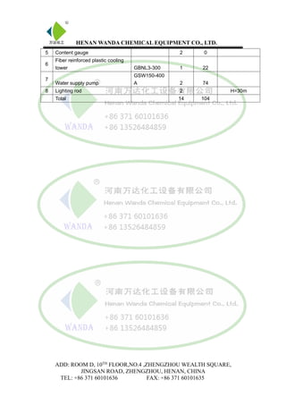 HENAN WANDA CHEMICAL EQUIPMENT CO., LTD.
ADD: ROOM D, 10TH
FLOOR,NO.4 ,ZHENGZHOU WEALTH SQUARE,
JINGSAN ROAD, ZHENGZHOU, HENAN, CHINA
TEL: +86 371 60101636 FAX: +86 371 60101635
5 Content gauge 2 0
6
Fiber reinforced plastic cooling
tower GBNL3-300 1 22
7
Water supply pump
GSW150-400
A 2 74
8 Lighting rod 2 H=30m
Total 14 104
 