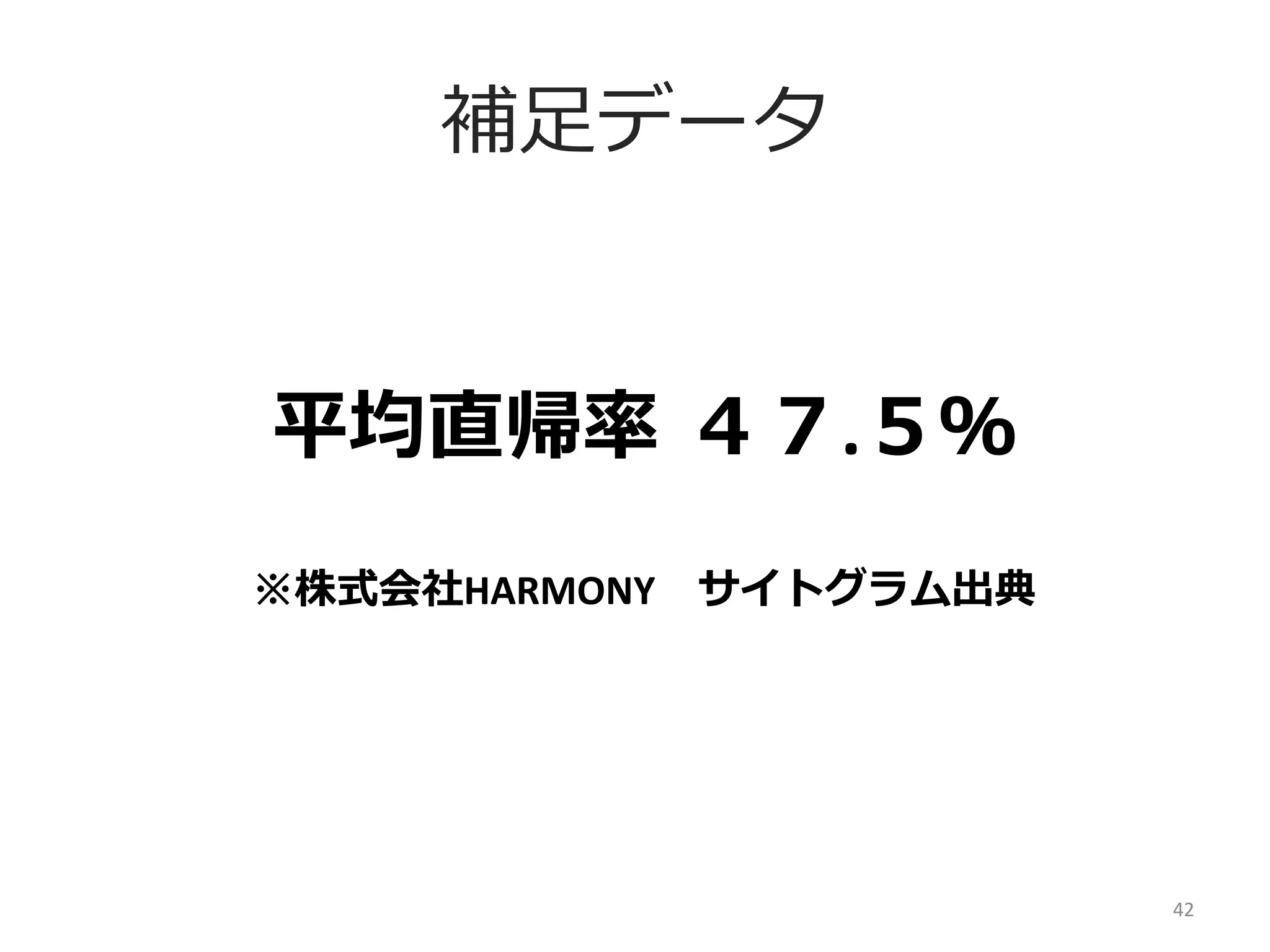 補⾜足データ
平均直帰率率率  ４７.５％	
  
	
  

※株式会社HARMONY 　サイトグラム出典

42	
  

 