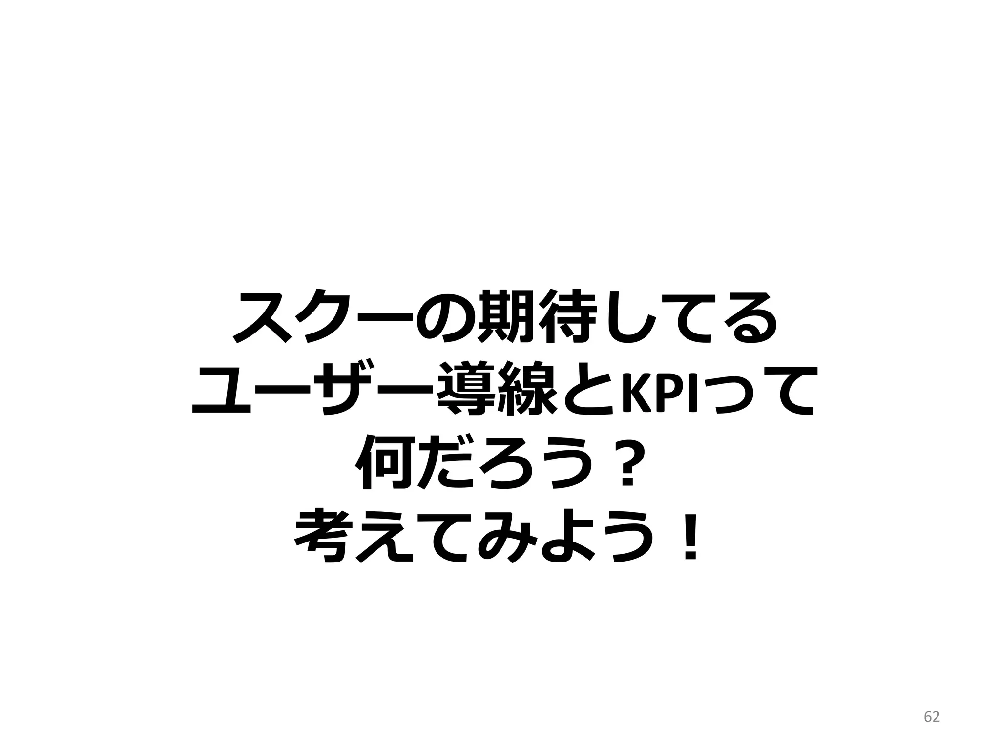ユーザー導線
メールア
ラート強化

流流⼊入

授業中/後
ﾅﾋﾞｹﾞ-‐‑‒ｼｮﾝ

受けたい！
を押してほしい

授業を受ける

また次の授業

会員登録

アクティ
ブ数

リピー
ター数

録画授業
授業後
シェア

有料料会員数

62	
  

 