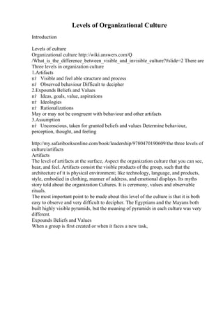 Levels of Organizational Culture
Introduction
Levels of culture
Organizational culture http://wiki.answers.com/Q
/What_is_the_difference_between_visible_and_invisible_culture?#slide=2 There are
Three levels in organization culture
1.Artifacts
пѓ Visible and feel able structure and process
пѓ Observed behaviour Difficult to decipher
2.Expounds Beliefs and Values
пѓ Ideas, goals, value, aspirations
пѓ Ideologies
пѓ Rationalizations
May or may not be congruent with behaviour and other artifacts
3.Assumption
пѓ Unconscious, taken for granted beliefs and values Determine behaviour,
perception, thought, and feeling
http://my.safaribooksonline.com/book/leadership/9780470190609/the three levels of
culture/artifacts
Artifacts
The level of artifacts at the surface, Aspect the organization culture that you can see,
hear, and feel. Artifacts consist the visible products of the group, such that the
architecture of it is physical environment; like technology, language, and products,
style, embodied in clothing, manner of address, and emotional displays. Its myths
story told about the organization Cultures. It is ceremony, values and observable
rituals.
The most important point to be made about this level of the culture is that it is both
easy to observe and very difficult to decipher. The Egyptians and the Mayans both
built highly visible pyramids, but the meaning of pyramids in each culture was very
different.
Expounds Beliefs and Values
When a group is first created or when it faces a new task,
 