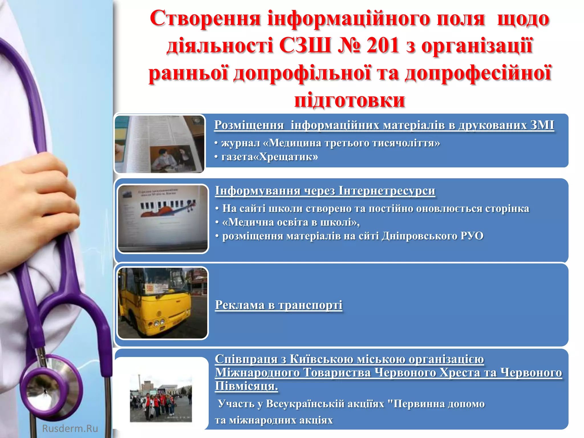 Створення інформаційного поля щодо
діяльності СЗШ № 201 з організації
ранньої допрофільної та допрофесійної
підготовки
Розміщення інформаційних матеріалів в друкованих ЗМІ
• журнал «Медицина третього тисячоліття»
• газета«Хрещатик»

Інформування через Інтернетресурси
• На сайті школи створено та постійно оновлюється сторінка
• «Медична освіта в школі»,
• розміщення матеріалів на сйті Дніпровського РУО

Реклама в транспорті

Співпраця з Київською міською організацією
Міжнародного Товариства Червоного Хреста та Червоного
Півмісяця.
Rusderm.Ru

Участь у Всеукраїнській акціїях "Первинна допомо
та міжнародних акціях

 