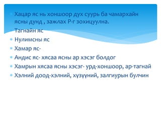  Хацар яс нь хоншоор дух суурь ба чамархайн
ясны дунд , зажлах P-г зохицуулна.
 Тагнайн яс
 Нулимсны яс
 Хамар яс-
 Андис яс- хясаа ясны ар хэсэг болдог
 Хамрын хясаа ясны хэсэг- урд-хоншоор, ар-тагнай
 Хэлний доод-хэлний, хүзүүний, залгиурын булчин
 