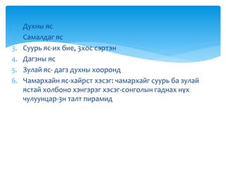 1. Духны яс
2. Самалдаг яс
3. Суурь яс-их бие, 3хос сэртэн
4. Дагзны яс
5. Зулай яс- дагз духны хооронд
6. Чамархайн яс-хайрст хэсэг: чамархайг суурь ба зулай
ястай холбоно хэнгэрэг хэсэг-сонголын гаднах нүх
чулуунцар-3н талт пирамид
 