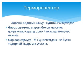 Хоолны бодисын халуун хүйтнийг мэдээлдэг
 Өвөрмөц-темпратурын болон механик
цочруулаар сэрэлд орно, t ихэсхэд импульс
ихэснэ.
 Өөр өөр сэрлүүд ТМТ-д нэгтгэгдэж нэг бүтэн
тодорхой мэдрэмж үүсгэнэ.
Терморецептор
 