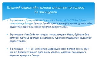  1-р төвшин – Дунд тархины ба нугасны бүтэцтэй ба ТСБ ба ОБ-ын
тогтолцоонд багтдаг. Эдгээр бүсийг цахилгаанаар цочрооход зөөлцийн
өвдөлтийн эсрэг хамгаалах урвалыг дарангуйлдаг.
 2-р төвшин -Лимбийн тогтолцоо, гипоталамусын бөөм, буйлсан бие
хамгийн түрүүнд оролцох ба эдгээр нь гурамсан мэдрэлийн өвдөлтийг
дарангуйлдаг.
 3-р төвшин – ИТГ-ын их биеийн мэдрэхүйн хэсэг бөгөөд энэ нь ТМТ-
ны янз бүрийн түвшинд орох өгсөх хаалгын идэвхийг зохицуулагч,
өөрчлөн хувиргагч болдог.
Шүдний өвдөлтийн дотоод хяналтын тогтолцоо
ба зохицуулга
 
