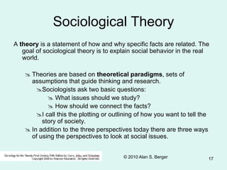 © 2010 Alan S. Berger 17
Sociological Theory
A theory is a statement of how and why specific facts are related. The
goal of sociological theory is to explain social behavior in the real
world.
 Theories are based on theoretical paradigms, sets of
assumptions that guide thinking and research.
Sociologists ask two basic questions:
 What issues should we study?
 How should we connect the facts?
I call this the plotting or outlining of how you want to tell the
story of society.
 In addition to the three perspectives today there are three ways
of using the perspectives to look at social issues.
 