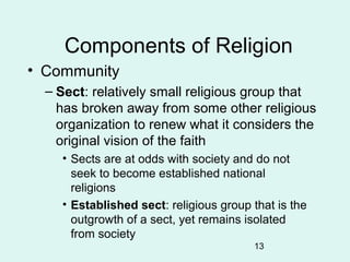13
Components of Religion
• Community
– Sect: relatively small religious group that
has broken away from some other religi...