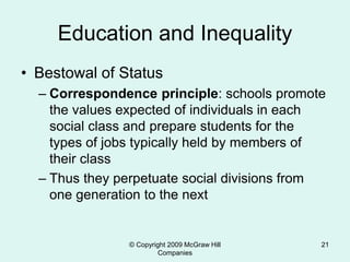 © Copyright 2009 McGraw Hill
Companies
21
Education and Inequality
• Bestowal of Status
– Correspondence principle: schools promote
the values expected of individuals in each
social class and prepare students for the
types of jobs typically held by members of
their class
– Thus they perpetuate social divisions from
one generation to the next
 