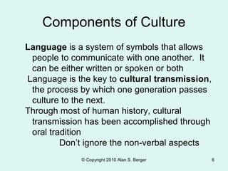 © Copyright 2010 Alan S. Berger 6
Components of Culture
Language is a system of symbols that allows
people to communicate with one another. It
can be either written or spoken or both
Language is the key to cultural transmission,
the process by which one generation passes
culture to the next.
Through most of human history, cultural
transmission has been accomplished through
oral tradition
Don’t ignore the non-verbal aspects
.
 
