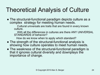 © Copyright 2010 Alan S. Berger 24
Theoretical Analysis of Culture
● The structural-functional paradigm depicts culture as a
complex strategy for meeting human needs.
Cultural universals are traits that are found in every known
culture.
With all the differences in cultures are there ANY UNIVERSAL
STANDARDS of behavior?
How do we know when to apply which standard?
● The strength of the structural-functional analysis is
showing how culture operates to meet human needs.
● The weakness of the structural-functional paradigm is
that it ignores cultural diversity and downplays the
importance of change.
 