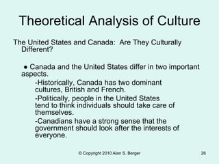 © Copyright 2010 Alan S. Berger 26
Theoretical Analysis of Culture
The United States and Canada: Are They Culturally
Different?
● Canada and the United States differ in two important
aspects.
-Historically, Canada has two dominant
cultures, British and French.
-Politically, people in the United States
tend to think individuals should take care of
themselves.
-Canadians have a strong sense that the
government should look after the interests of
everyone.
 