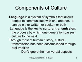 © Copyright 2010 Alan S. Berger 6
Components of Culture
Language is a system of symbols that allows
people to communicate with one another. It
can be either written or spoken or both
Language is the key to cultural transmission,
the process by which one generation passes
culture to the next.
Through most of human history, cultural
transmission has been accomplished through
oral tradition
Don’t ignore the non-verbal aspects
.
 