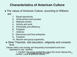 Characteristics of American Culture
● The values of American Culture, according to Williams
are
1. Equal opportunity
2. Achievement and success
3. Material comfort
4. Activity and work
5. Practicality and efficiency
6. Progress
7. Science
8. Democracy and free enterprise
9. Freedom
10. Racism and group superiority
● Other Theorists add education, religiosity and romantic
love
Values within one society are frequently inconsistent and even
opposed to one another.
1. Conflict: the more central the value the more intense the
conflict. Look at political issues
© Copyright 2010 Alan S. Berger 8
 