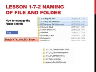 LESSON 1-7-2 NAMING
OF FILE AND FOLDER
How to manage the
folder and file
Tips
Date(YYYY_MM_DD) Event
 