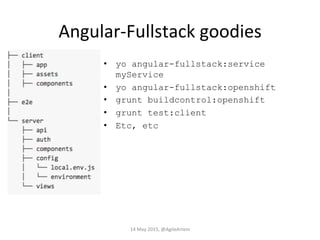 Angular-­‐Fullstack	
  goodies	
  
•  yo angular-fullstack:service
myService
•  yo angular-fullstack:openshift
•  grunt buildcontrol:openshift
•  grunt test:client
•  Etc, etc
14	
  May	
  2015,	
  @AgileArtem	
  
 