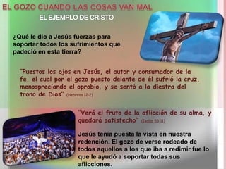 ¿Qué le dio a Jesús fuerzas para soportar todos los sufrimientos que padeció en esta tierra? “ Puestos los ojos en Jesús, el autor y consumador de la fe, el cual por el gozo puesto delante de él sufrió la cruz, menospreciando el oprobio, y se sentó a la diestra del trono de Dios”  (Hebreos 12:2) “ Verá el fruto de la aflicción de su alma, y quedará satisfecho”  (Isaías 53:11) Jesús tenía puesta la vista en nuestra redención. El gozo de verse rodeado de todos aquellos a los que iba a redimir fue lo que le ayudó a soportar todas sus aflicciones. 