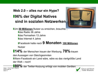 Web 2.0 – alles nur ein Hype?
                   ı96% der Digital Natives
                       sind in sozialen Netzwerken
                   ıUm 50 Millionen Nutzer zu erreichen, brauchte…
                      ıdas Radio 36 Jahre
                      ıdas Fernsehen 13 Jahre
                      ıdas Internet 4 Jahre
                      ıFacebook hatte nach 9 Monaten 100 Millionen
                             Nutzer
                   ı14% der Menschen trauen der Werbung. 78% trauen
                   den Aussagen von Gleichgesinnten
                   ıWenn Facebook ein Land wäre, wäre es das viertgrößte Land
                   der Welt – noch!

WWW.caspr.de
                   ı80% der Twitter-Nutzung erfolgt von mobilen Geräten
Clever + Smart Public Relations
                                                                                Clever and Smart
Seite 10                                                                        Public Relations
 