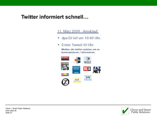 Twitter informiert schnell…




Clever + Smart Public Relations
www.caspr.de                                     Clever and Smart
Seite 23                                         Public Relations
                                                 Public Relations
 