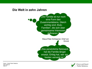 Die Welt in zehn Jahren

                                     „Die Familie ist nur noch
                                          eine Form des
                                     Zusammenlebens. Gleich
                                        wichtig sind ‚Klub-
                                      Familien‘, die sich über
                                      gemeinsame Interessen
                                            definieren.“

                                       Klaus-Peter Schöppner, Chef von
                                                                Emnid



                                      „Das persönliche Netzwerk
                                        hat die Familie längst
                                      ersetzt. Erfolg hat, wer am
                                         besten vernetzt ist.“

Clever + Smart Public Relations
www.caspr.de                                                             Clever and Smart
Seite 47                                                                 Public Relations
 