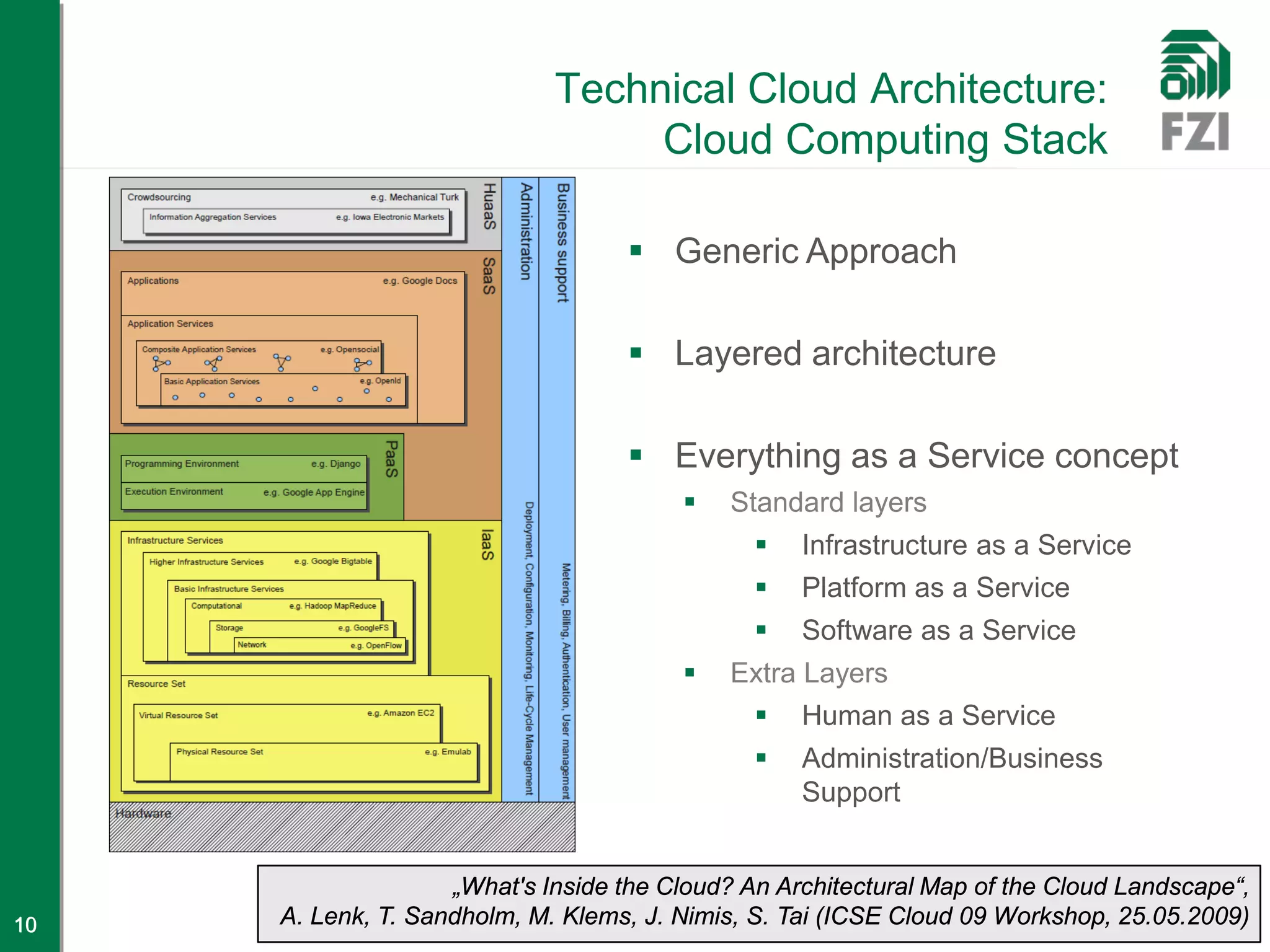 Technical Cloud Architecture:
                                  Cloud Computing Stack

                                    Generic Approach

                                    Layered architecture

                                    Everything as a Service concept
                                           Standard layers
                                                  Infrastructure as a Service
                                                  Platform as a Service
                                                  Software as a Service
                                           Extra Layers
                                                  Human as a Service
                                                  Administration/Business
                                                   Support


                    „What's Inside the Cloud? An Architectural Map of the Cloud Landscape“,
10   A. Lenk, T. Sandholm, M. Klems, J. Nimis, S. Tai (ICSE Cloud 09 Workshop, 25.05.2009)
 