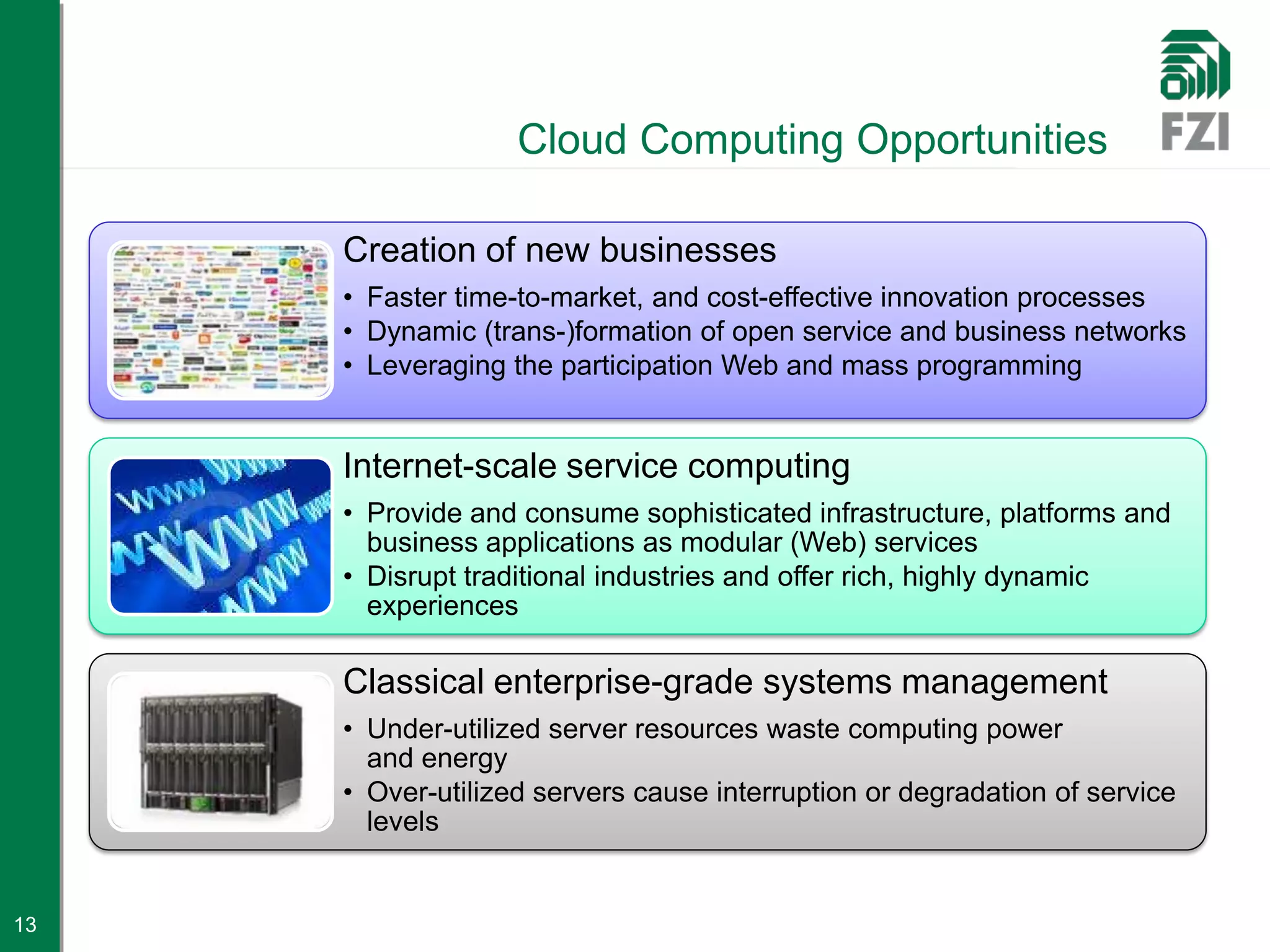 Cloud Computing Opportunities

     Creation of new businesses
     • Faster time-to-market, and cost-effective innovation processes
     • Dynamic (trans-)formation of open service and business networks
     • Leveraging the participation Web and mass programming


     Internet-scale service computing
     • Provide and consume sophisticated infrastructure, platforms and
       business applications as modular (Web) services
     • Disrupt traditional industries and offer rich, highly dynamic
       experiences

     Classical enterprise-grade systems management
     • Under-utilized server resources waste computing power
       and energy
     • Over-utilized servers cause interruption or degradation of service
       levels


13
 