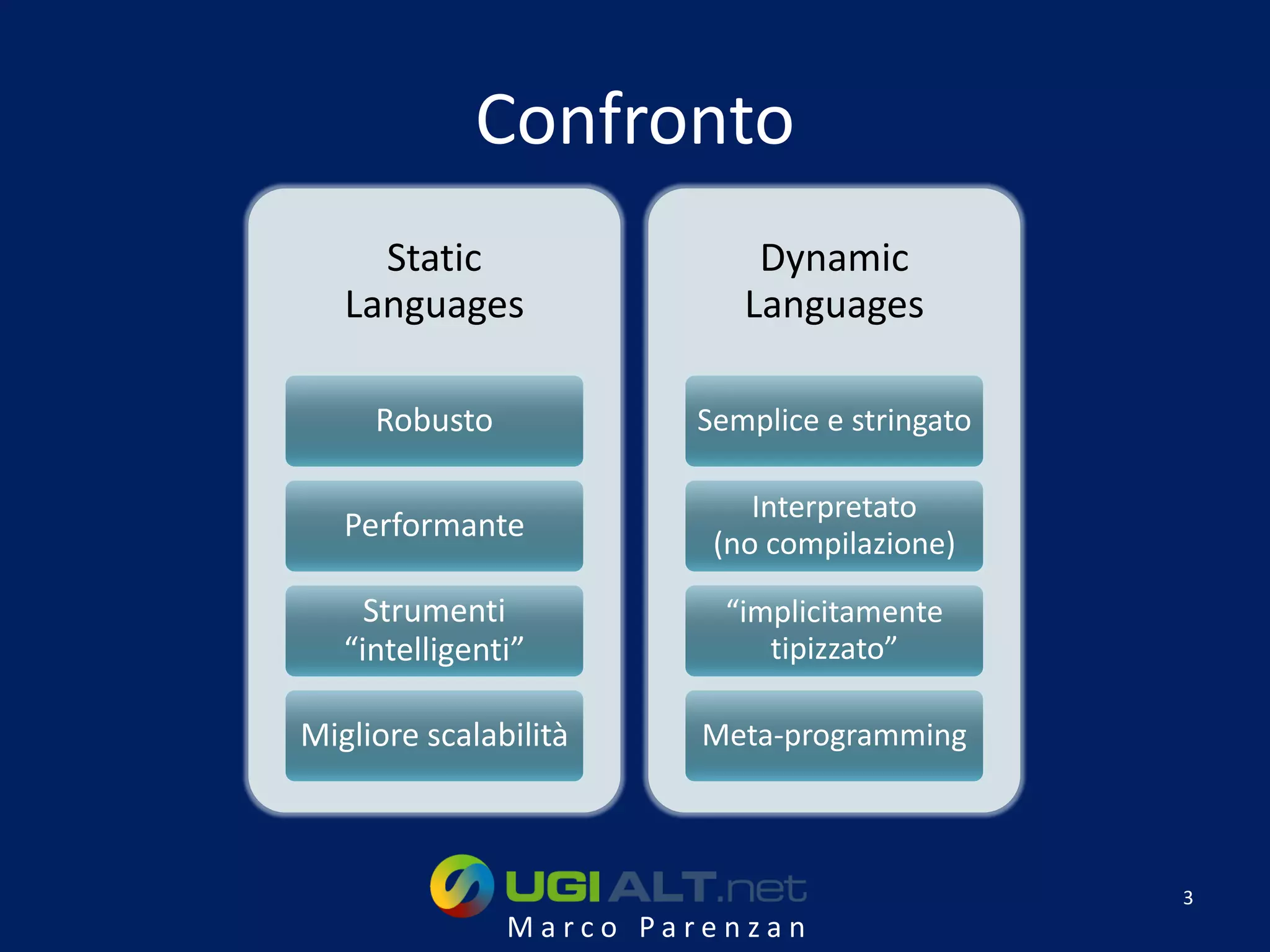 Confronto
     Static                Dynamic
   Languages              Languages

     Robusto           Semplice e stringato

                           Interpretato
   Performante
                        (no compilazione)

     Strumenti           “implicitamente
   “intelligenti”           tipizzato”

Migliore scalabilità    Meta-programming



                                              3
               Marco Parenzan
 
