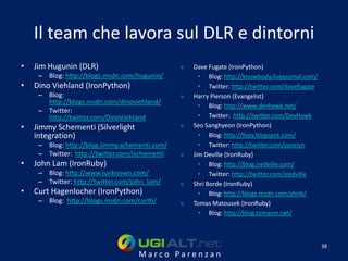 Il team che lavora sul DLR e dintorni
•   Jim Hugunin (DLR)                           »   Dave Fugate (IronPython)
     – Blog: http://blogs.msdn.com/hugunin/           • Blog: http://knowbody.livejournal.com/
•   Dino Viehland (IronPython)                        • Twitter: http://twitter.com/davefugate
     – Blog:                                    »   Harry Pierson (Evangelist)
       http://blogs.msdn.com/dinoviehland/
                                                      • Blog: http://www.devhawk.net/
     – Twitter:
       http://twitter.com/DinoViehland                • Twitter: http://twitter.com/DevHawk
•   Jimmy Schementi (Silverlight                »   Seo Sanghyeon (IronPython)
    integration)                                      • Blog: http://fepy.blogspot.com/
     – Blog: http://blog.jimmy.schementi.com/         • Twitter: http://twitter.com/sanxiyn
     – Twitter: http://twitter.com/jschementi   »   Jim Deville (IronRuby)
•   John Lam (IronRuby)                               • Blog: http://blog.jredville.com/
     – Blog: http://www.iunknown.com/                 • Twitter: http://twitter.com/jredville
     – Twitter: http://twitter.com/john_lam/    »   Shri Borde (IronRuby)
•   Curt Hagenlocher (IronPython)                     • Blog: http://blogs.msdn.com/shrib/
     – Blog: http://blogs.msdn.com/curth/       »   Tomas Matousek (IronRuby)
                                                      • Blog: http://blog.tomasm.net/



                                                                                                 38
                                     Marco Parenzan
 