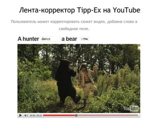 Лента-корректор  Tipp-Ex  на  YouTube Пользователь может корректировать сюжет видео, добавив слово в свободное поле. 